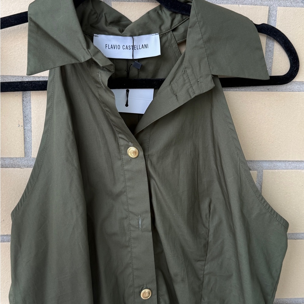 Olive Sleeveless Collared Button-Front Top